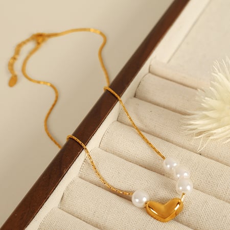 1 piece simple series simple heart stainless steel  gold plated artificial pearl women pendant necklaces