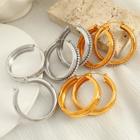 1 pair simple series classic solid color stainless steel  gold plated zircon women hoop earrings 2