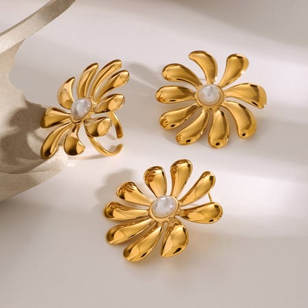 1 pair classic series retro flower stainless steel  gold plated artificial pearl women earrings set 2