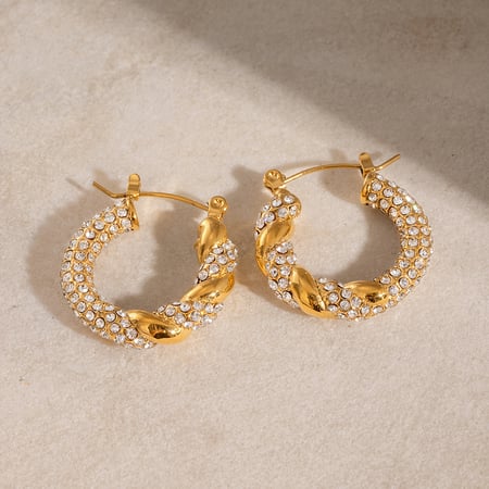 1 pair simple series classic twist stainless steel  gold plated rhinestone women hoop earrings