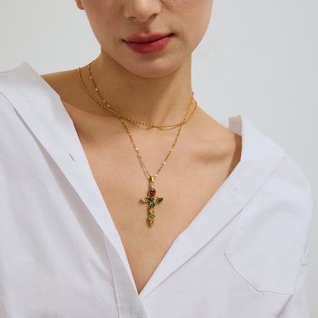 1 Piece Retro Cross Stainless Steel Gold Color Women's Pendant Necklaces 2