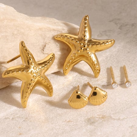 1 paire de boucles d'oreilles pour femme en acier inoxydable plaqué or  avec strass, série romantique, motif étoile de mer 2