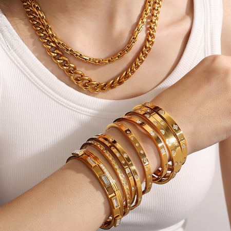 Bracelet pour femme, série simple, classique, géométrique, en acier inoxydable, couleur or, strass 2
