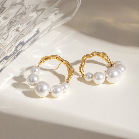 1 paire de boucles d&#39;oreilles créoles rétro en acier inoxydable plaqué or  avec perles artificielles pour femmes 2