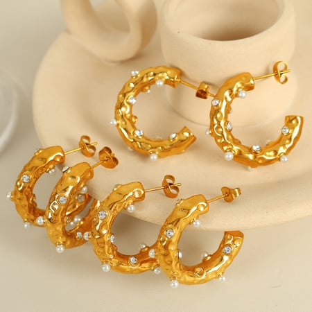 1 paire de boucles d&#39;oreilles créoles rétro géométriques en acier inoxydable plaqué or  avec strass pour femme 2
