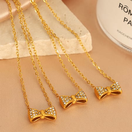 1 piece simple series sweet bow knot stainless steel  gold plated rhinestone women pendant necklaces