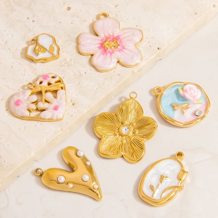 Oil- Glazing Flower Stainless Steel Gold Color Women's Pendants 2