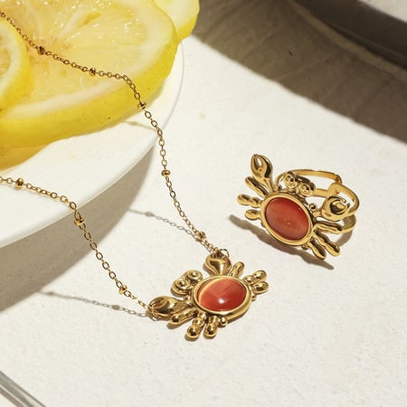 Schattige krab roestvrij staal goudkleurige statement ring en ketting 2