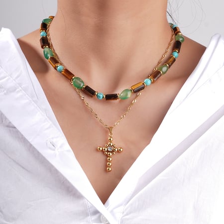 Classic Cross Stainless Steel Gold Color Natural Stone Women's Beaded Necklaces 2