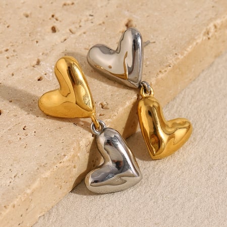 Retro Heart Stainless Steel Gold & Sliver Color Mixed Drop Earrings 2