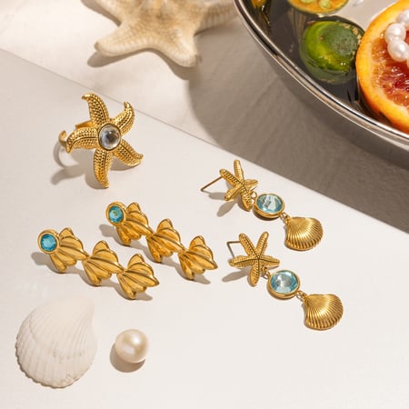 Starfish Stainless Steel Gold Color Dangle Earrings & Ring