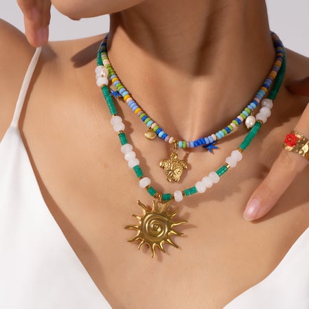 Classic Sun Stainless Steel Gold Color Natural Stone Women's Pendant Necklaces 2