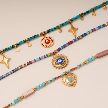 Polychrome Eye Stainless Steel Gold Color Women's Beaded Necklaces