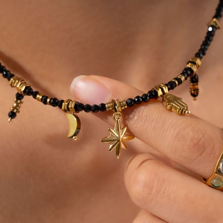 Black Spinel Moon Stainless Steel Women's Beaded Necklaces 2