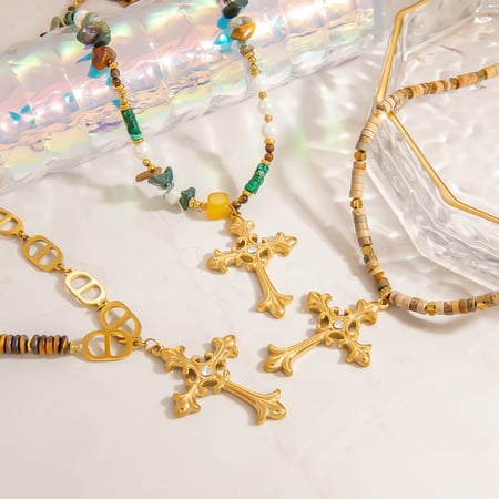 1 Piece Intricate Series Retro Cross Stainless Steel Gold Color Natural Stone Women's Beaded Necklaces 2