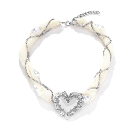 1 Piece French Pearl Mesh Braided Chain Alloy Heart Pendant Necklace 2