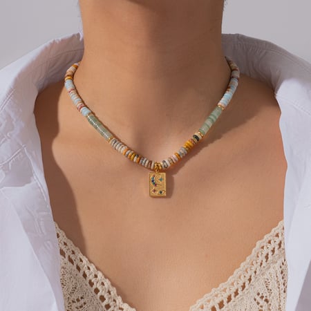 Natural Stone Rectangular Stainless Steel Gold Color Women's Beaded Necklaces 2