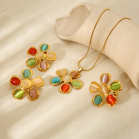 Stylish Colored Glass Flower Stainless Steel Women's Necklaces 2