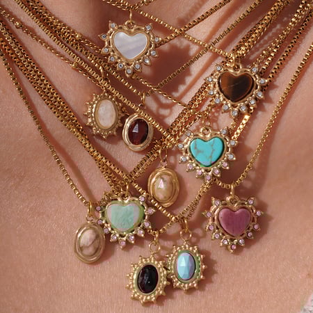 Collar con colgante de corazón radiante de acero inoxidable color dorado y piedra natural para mujer 2