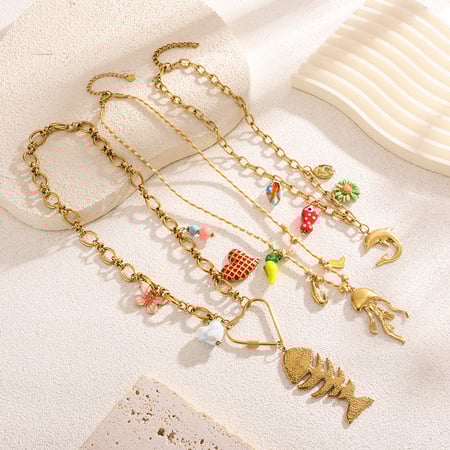 Sophisticated Vacation Fishbone Stainless Steel Gold Color Women's Pendant Necklaces