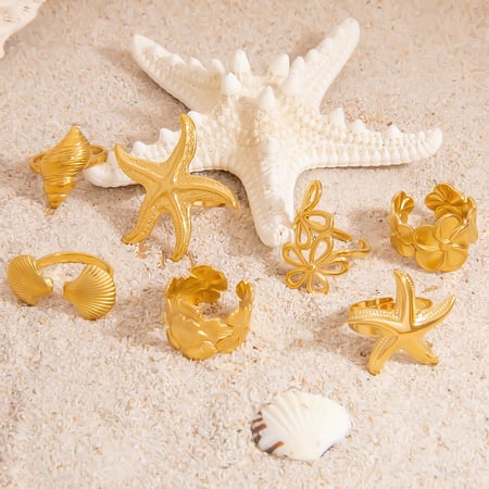 Ocean Series Starfish - flower Gold Stainless Steel Women's Ring 2