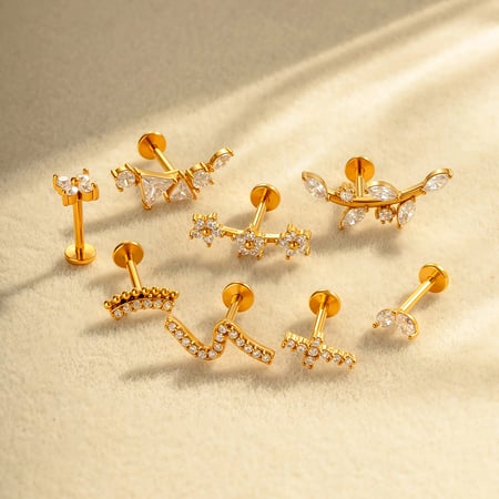 1 Piece Stainless Steel Gold Color  Zircon Piercings Earrings 2