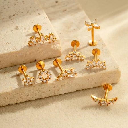 1 Piece Stainless Steel Gold Color  Zircon Piercings Earrings 2