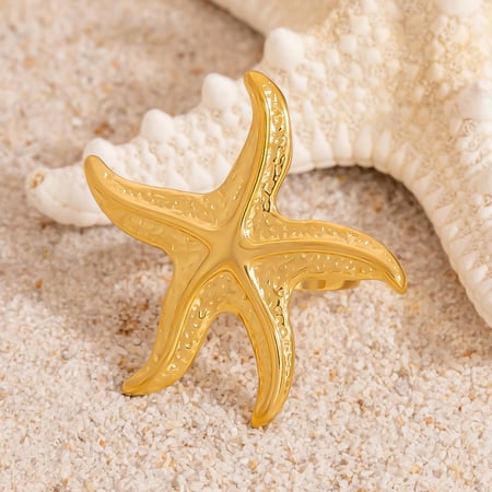 Ocean Series Starfish - flower Gold Stainless Steel Women's Ring