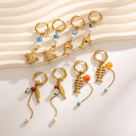 Pendientes colgantes de acero inoxidable dorados con diseño de organismo marino de vacaciones para mujer