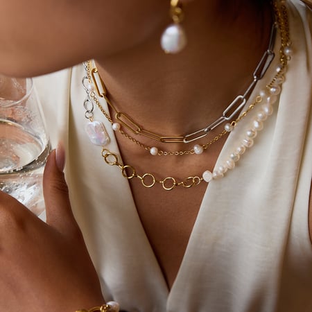 Retro Chain Stainless Steel Gold Color Pearl Pendant Necklaces 2