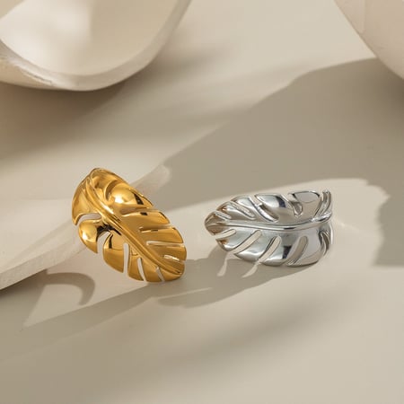 Anello statement color oro in acciaio inossidabile a forma di foglia, 1 pezzo 2