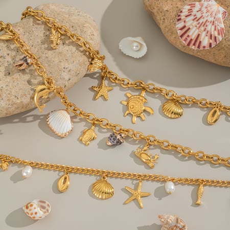 1 Stück Halskette mit Muschelanhänger aus ozeanischem Edelstahl in Goldfarbe 2