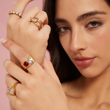 1 Stück Luxuriöse Serie Retro Droplet Edelstahl Gold Farbe Damen Edelstein Ringe 2