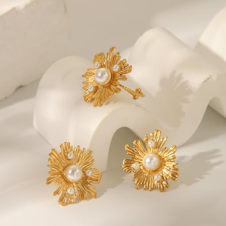 Elegant Flower Stainless  Steel Gold Color Earring Set 2