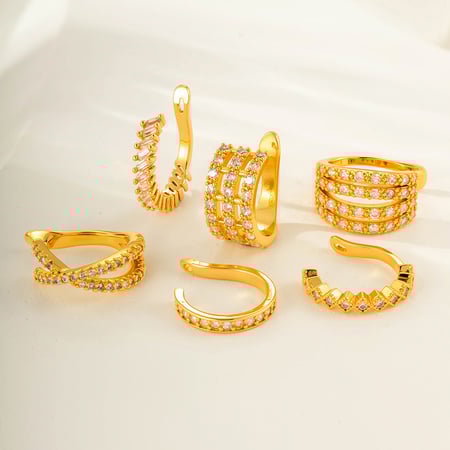 Pendientes de clip para mujer, serie simple, con diseño geométrico de cobre, color dorado y circonitas. 2