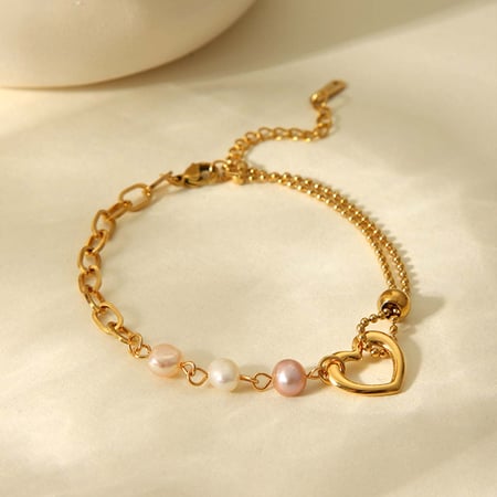 1 paire de bracelets simples en acier inoxydable couleur or avec pierre naturelle pour femme, motif cœur 2