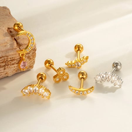 1 Adet Ay Bakır Altın Rengi Zirkonyum Piercing Küpe 2