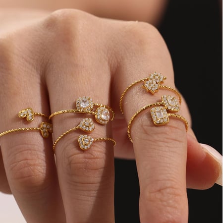 Bague luxueuse en acier inoxydable couleur or avec cœur et pierres précieuses pour femme, 1 pièce 2