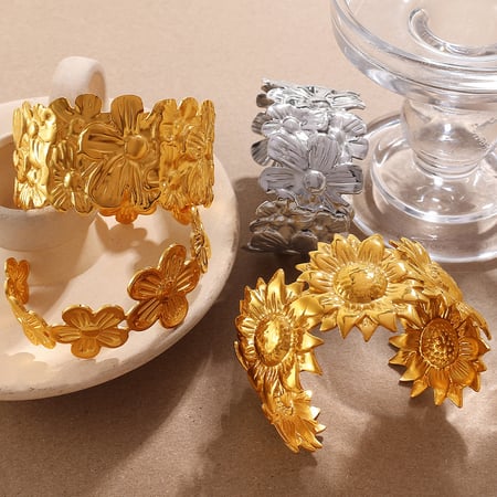 Bracelet manchette en acier inoxydable doré avec motif floral, 1 pièce