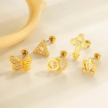 1 Adet Kelebek Bakır Altın Rengi Zirkonyum Piercing Küpe 2