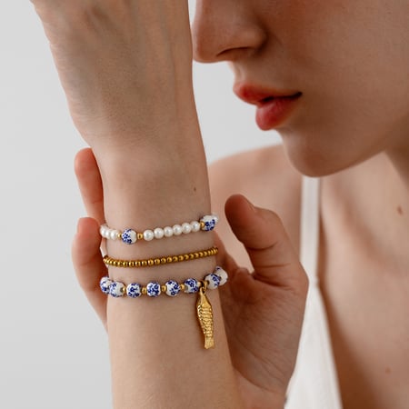 Bracelet de perles pour femme, série classique, élégant, en céramique, couleur or, motif floral 2