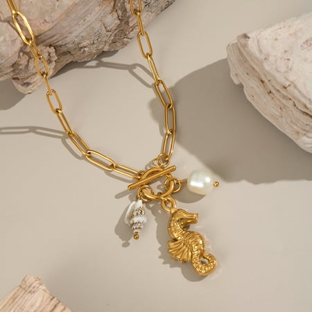 Collana con ciondolo color oro in acciaio inossidabile a forma di cavalluccio marino, 1 pezzo 2