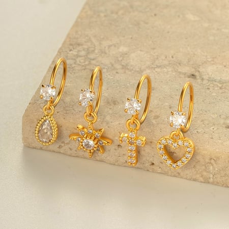 1 Piece Cross Copper Gold Color  Zircon Nose Ring 2