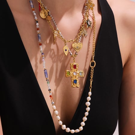 1 Piece Classic Cross Pearl Beads Stainless Steel Gold Color Zircon Women's Pendant Necklaces