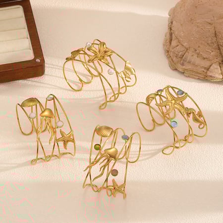 Bracelet manchette en acier inoxydable couleur or, style océanique, 1 pièce 2