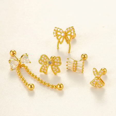 1 Piece Bow Knot Copper Gold Color Zircon Piercing Earring 2