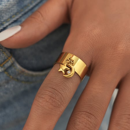 Bague de déclaration en acier inoxydable couleur or, série Simple, motif lune classique, 1 pièce 2