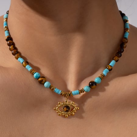 Collier de perles bohème œil du diable en pierres naturelles couleur or pour femme, 1 pièce 2