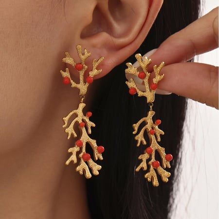 1 Pair Luxurious Series Coral Stainless Steel Gold Color Women's Drop Earrings 2
