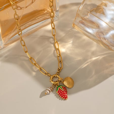 Collana con ciondolo color oro a forma di fragola in acciaio inossidabile, 1 pezzo 2